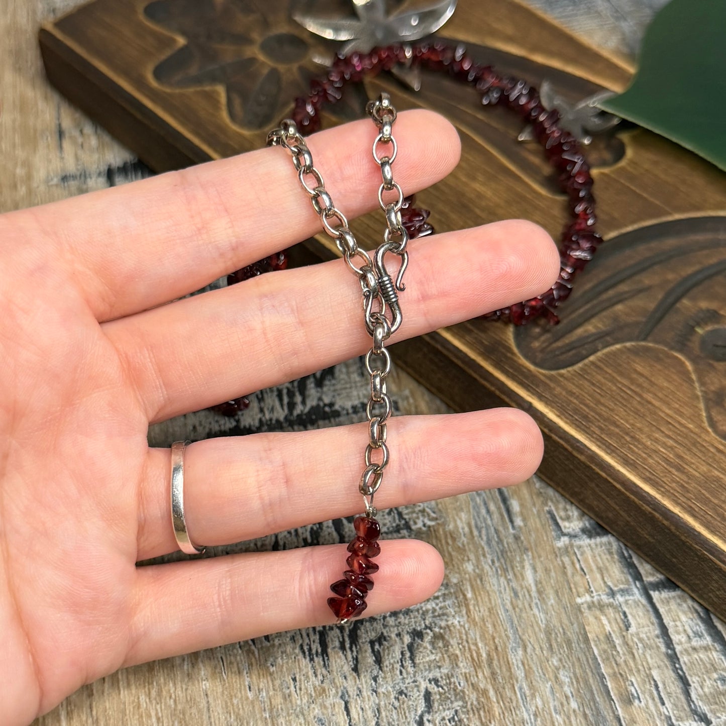 Whimsy Sterling Silver Designer Abstract Flower Garnet Strand Necklace