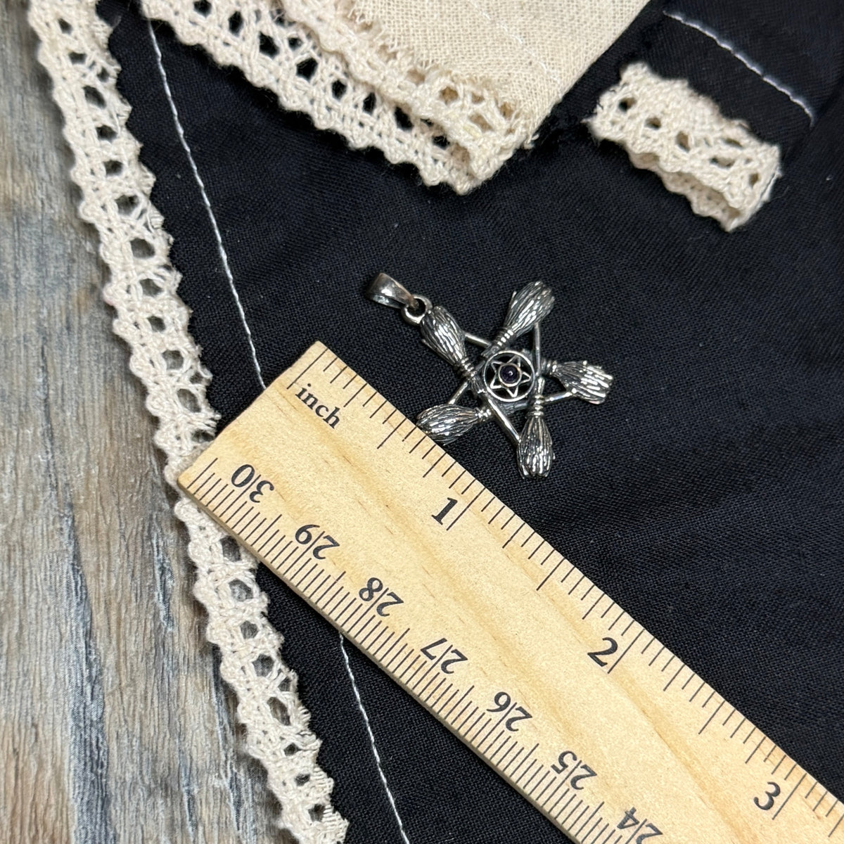 Spooky Sterling Silver Amethyst Witches Broom Pentagram Pendant
