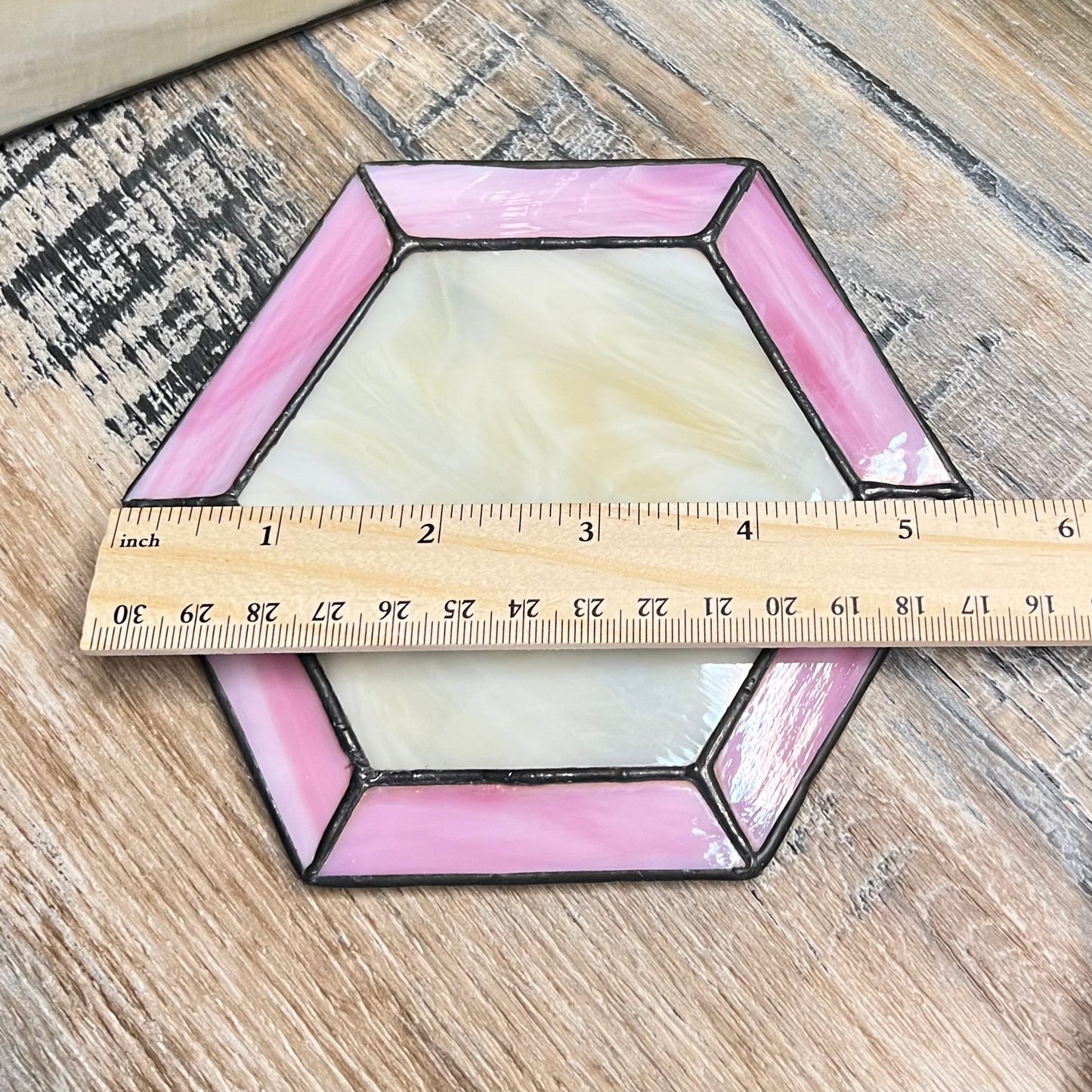 Vintage Handmade and Signed Stained Glass Hexagon Coaster Set