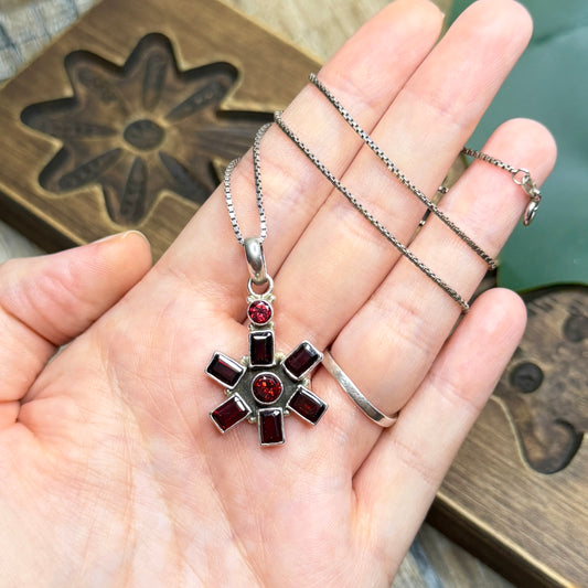Dreamy Sterling Silver Garnet Starburst Pendant Necklace