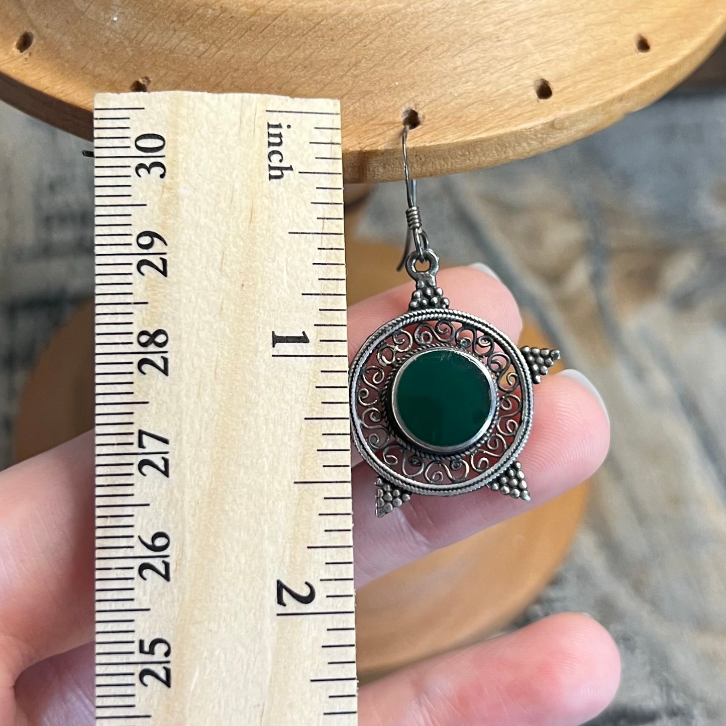 Celestial Star Sterling Silver Green Onyx Filigree Ornate Earrings