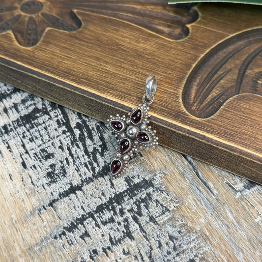 Dreamy Sterling Silver Ornate Suarti Garnet Cross Pendant