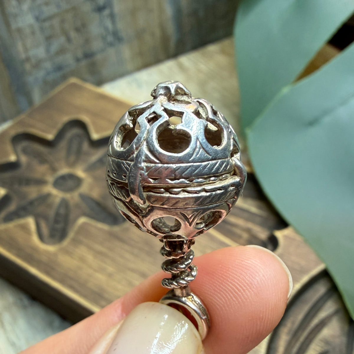 Vintage Sterling Silver Ornate Orb Rattle Pendant / Charm