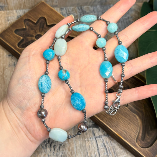 Carolyn Pollack Relios Southwestern Silver Turquoise Pearl Strand Necklace