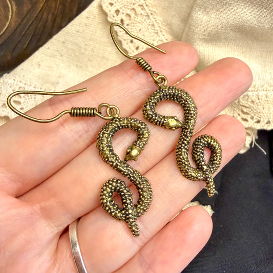 Beautiful Solid Brass Snake Serpent Drop Earrings