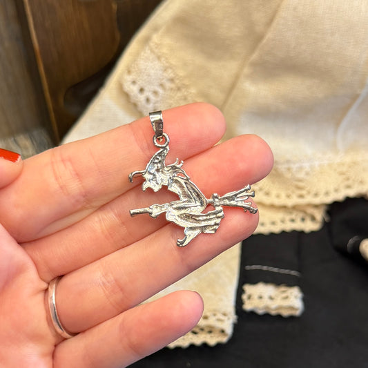 Spooky Sterling Silver Witch Flying on a Broom Pendant