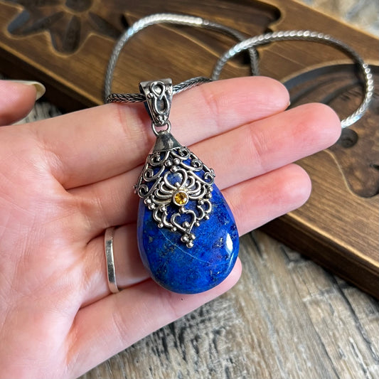 Designer Sterling Silver Chunky Doug Paulus Lapis with Citrine Pendant Necklace
