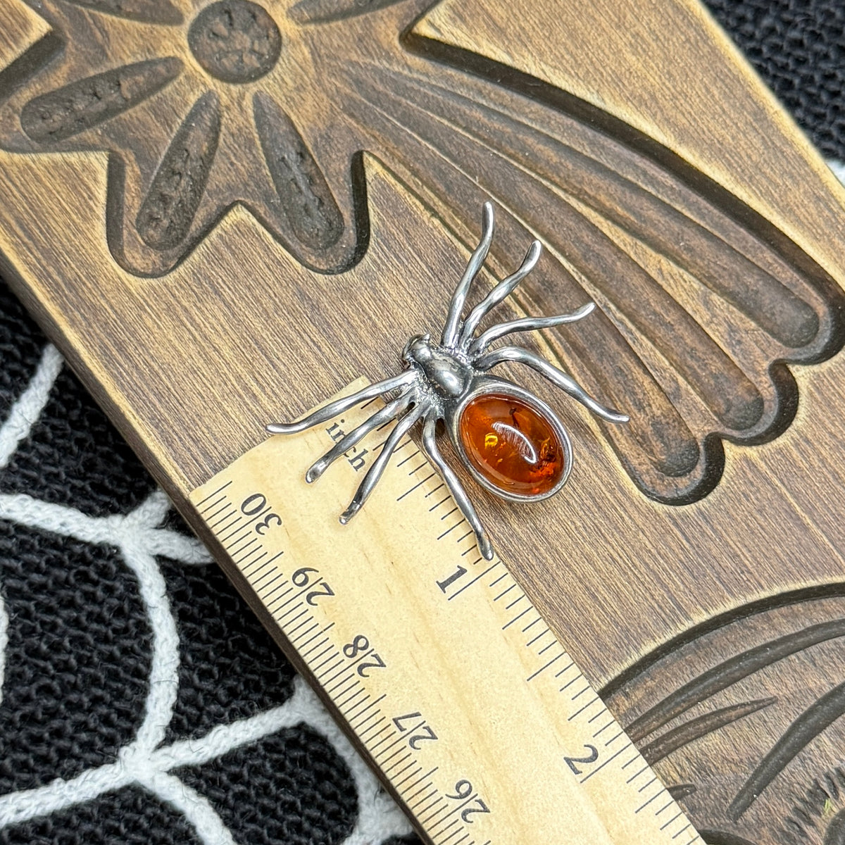 Spooky Sterling Silver Amber Spider Brooch