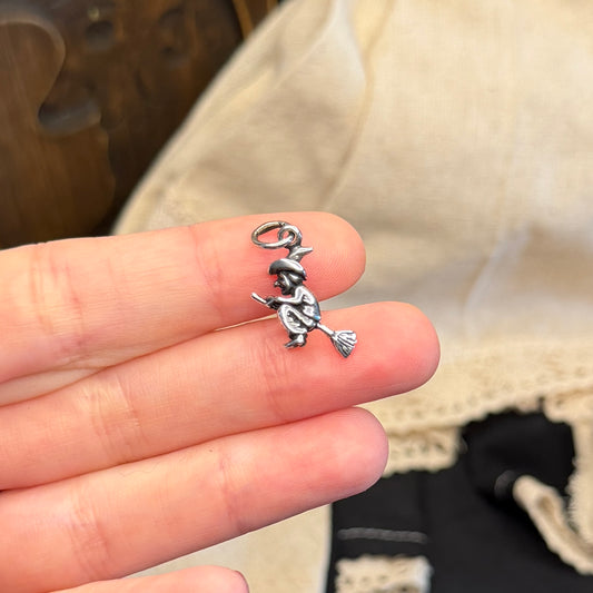Spooky Sterling Silver Miniature Witch Flying on a Broom Charm / Pendant