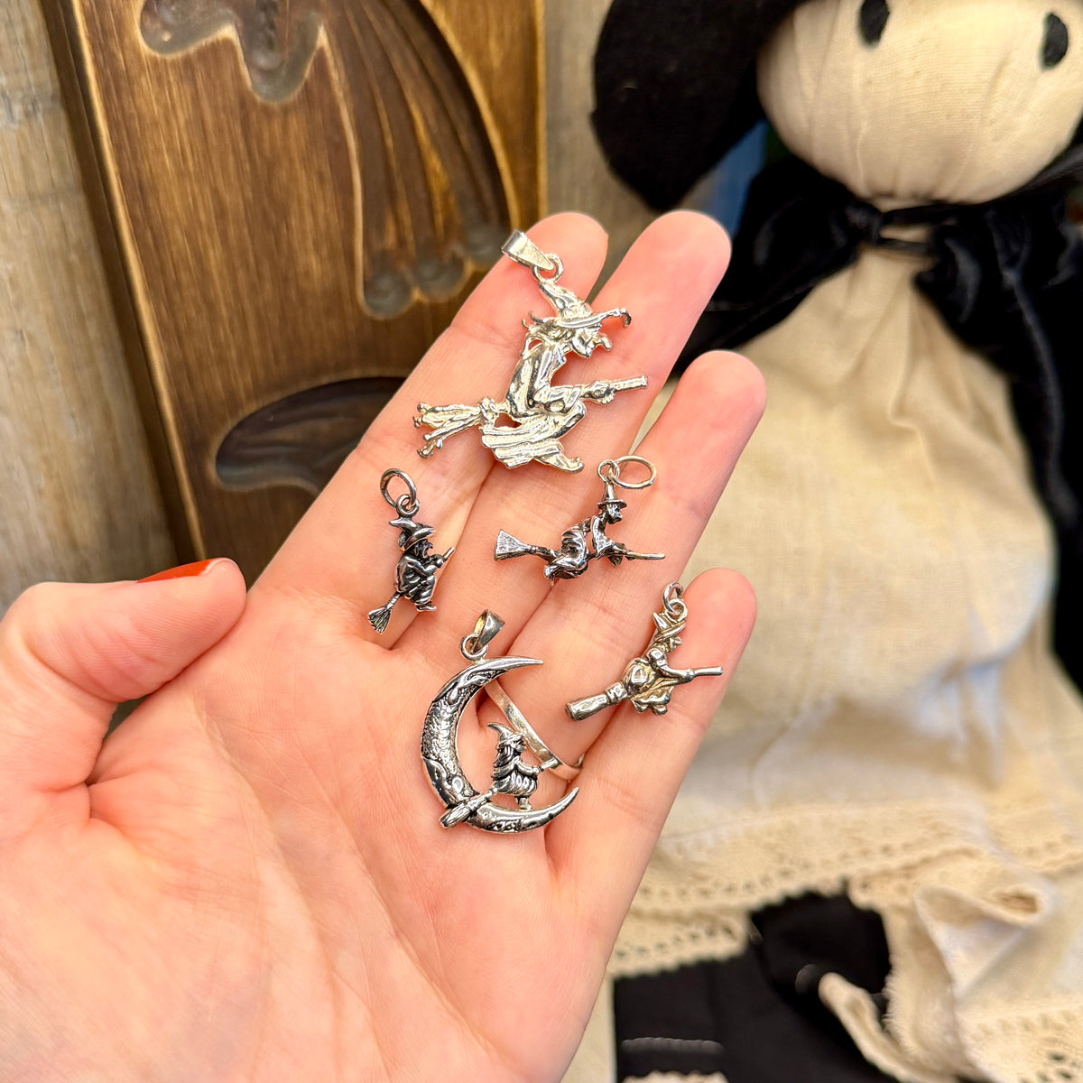Spooky Sterling Silver Witch Flying on a Broom Pendant