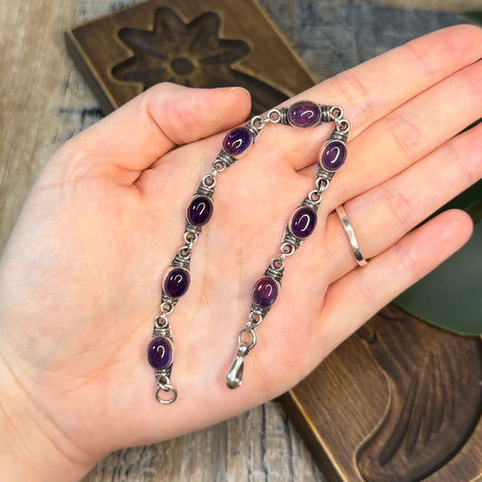 Beautiful Sterling Silver Amethyst Chunky Bracelet (Just Under) 8 Inches Length