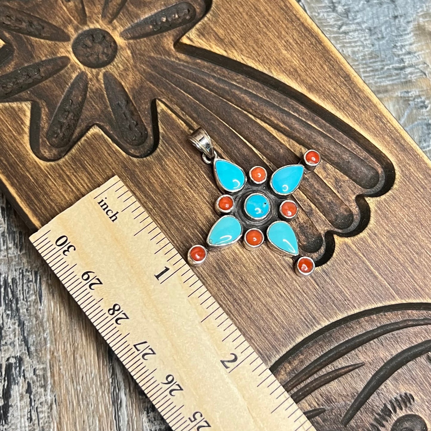 Dreamy Sterling Silver Turquoise Coral Southwestern Style Cross Pendant