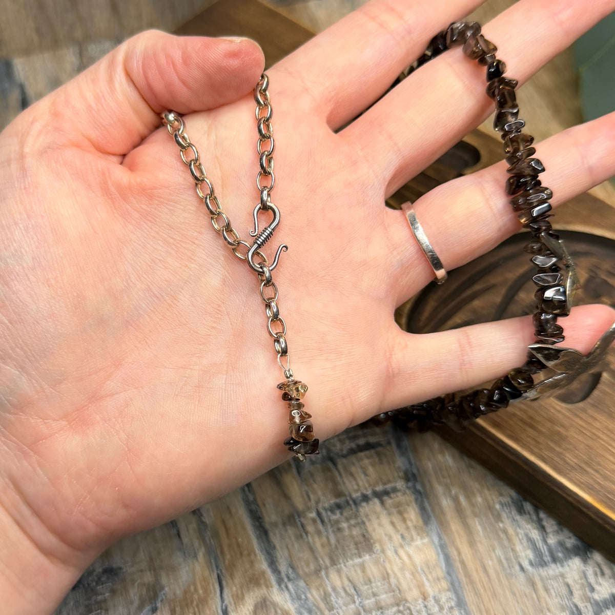Whimsy Sterling Silver Designer Abstract Flower Smoky Quartz Strand Necklace