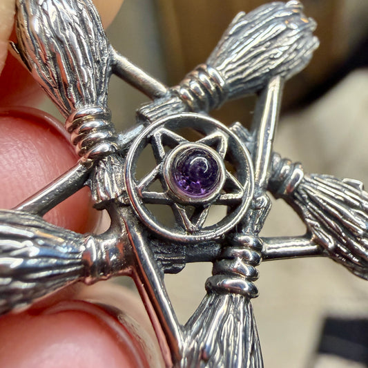 Spooky Sterling Silver Amethyst Witches Broom Pentagram Pendant