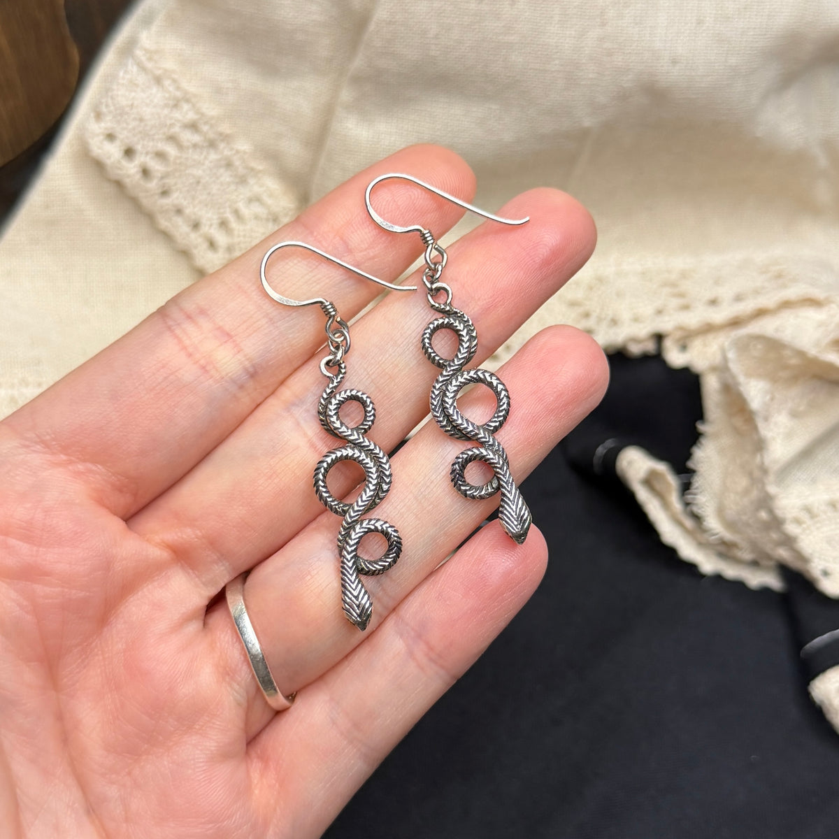 Dreamy Sterling Silver Snake Serpent Drop Earrings