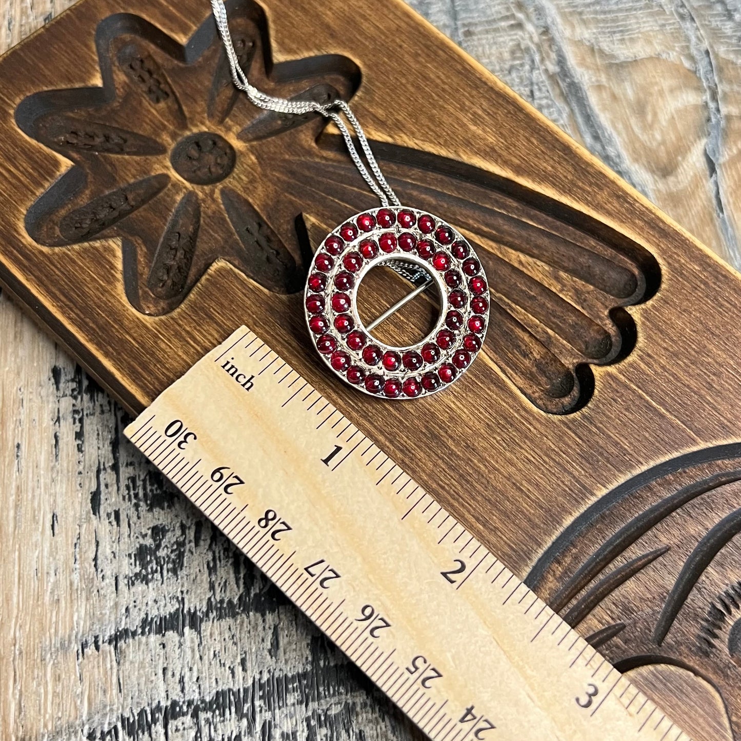 Vintage Sterling Silver Blood Red Garnet Round Cabochon Multi Use Pendant / Brooch Necklace