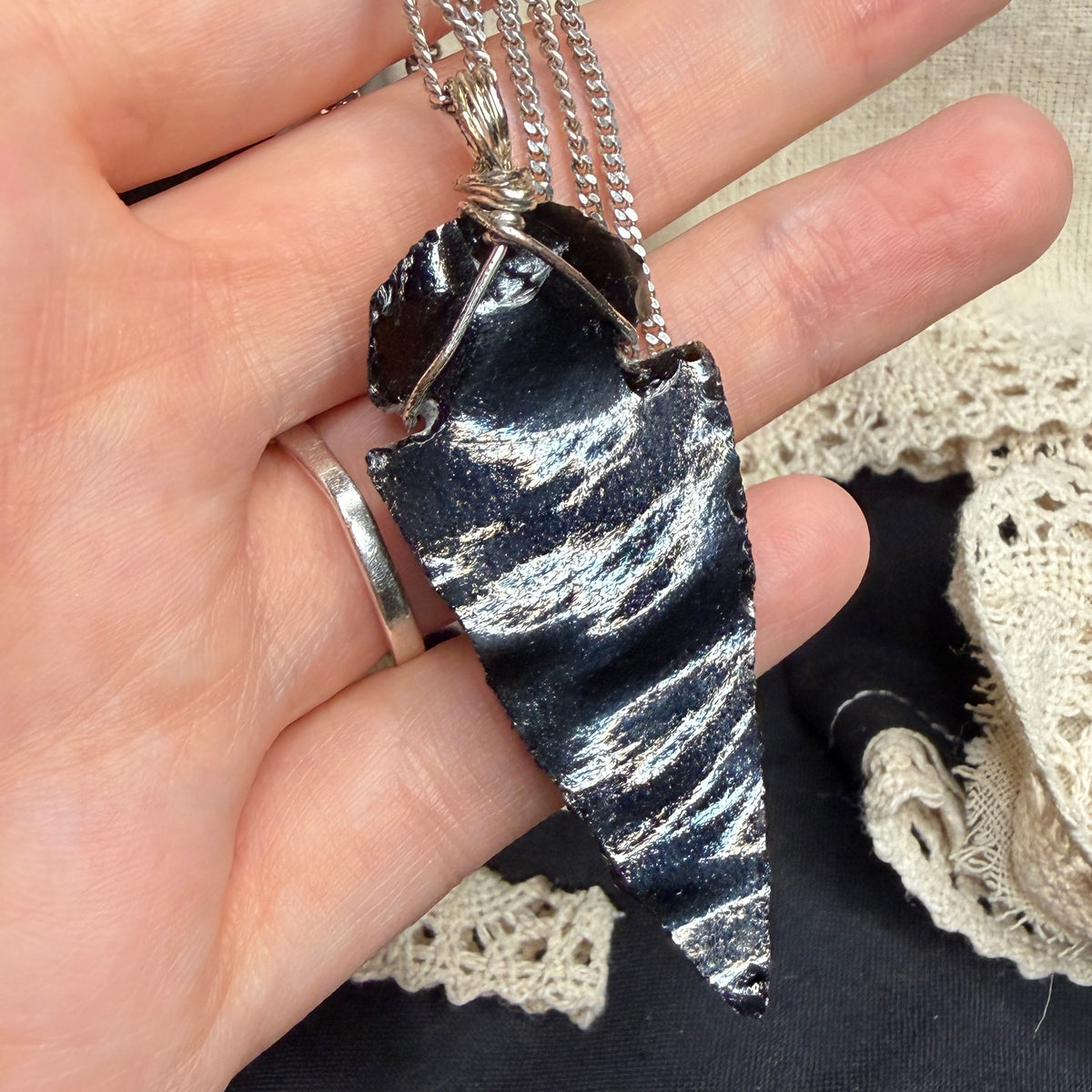 Magical Raw Black Obsidian Wire Wrapped Arrowhead with Sterling Silver 26 Inch Chain