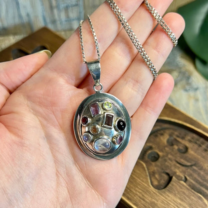 Modernist Sputnik Style Sterling Silver Chunky Multi Gemstone Pendant Necklace