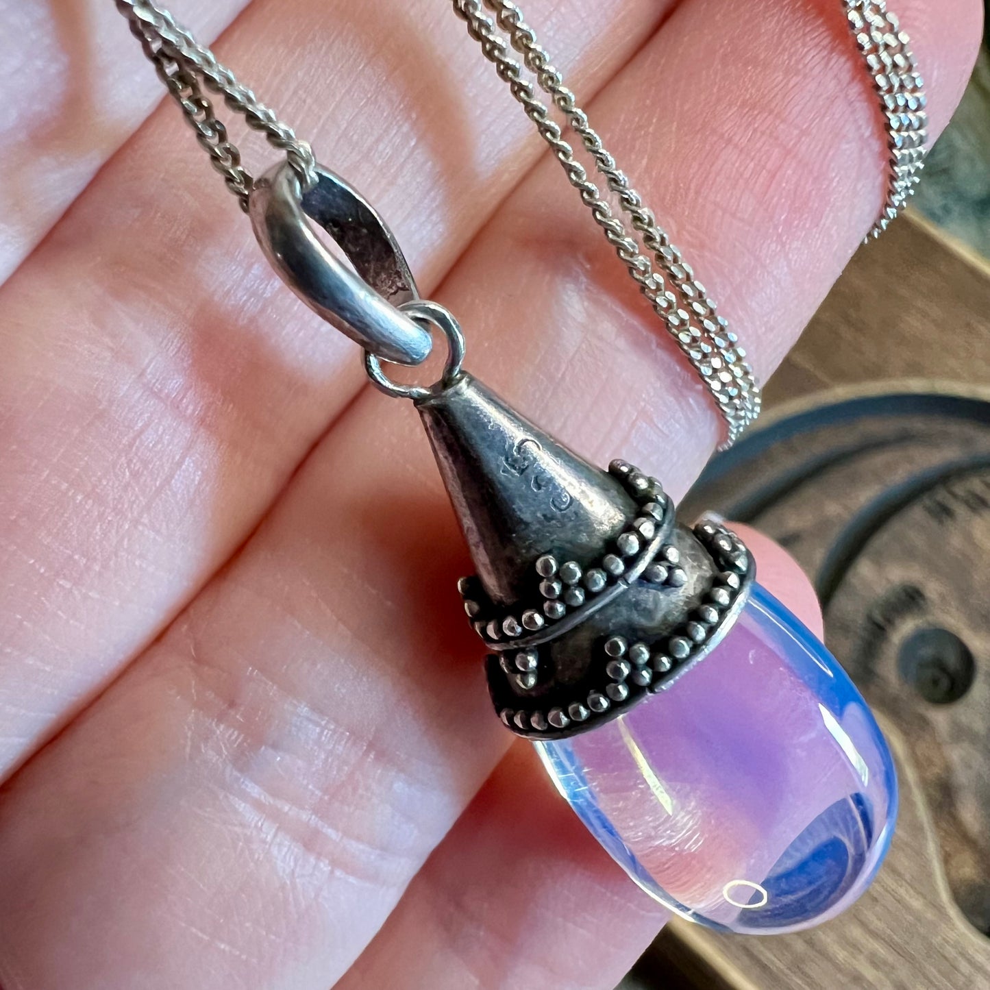 Sterling Silver Bali Ornate Opalite Drop Pendant Necklace