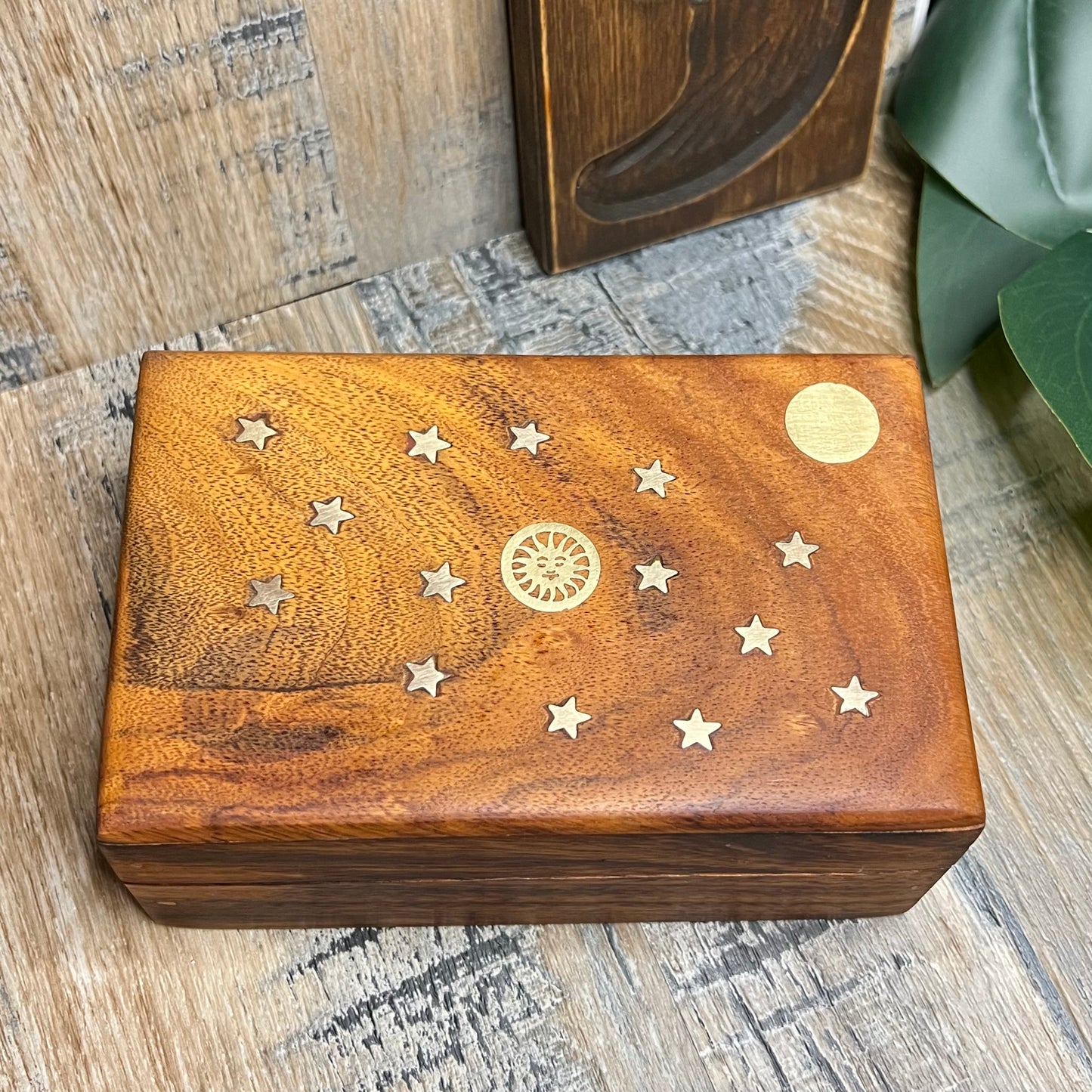 Dreamy 90s Celestial Wooden Moon Star Sun Jewellery / Trinket Box Curio