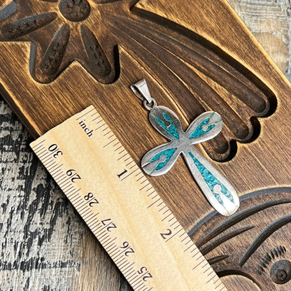 Vintage Sterling Silver Mexican Taxco Turquoise Chip Inlay Cross Pendant
