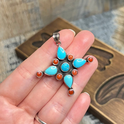 Dreamy Sterling Silver Turquoise Coral Southwestern Style Cross Pendant