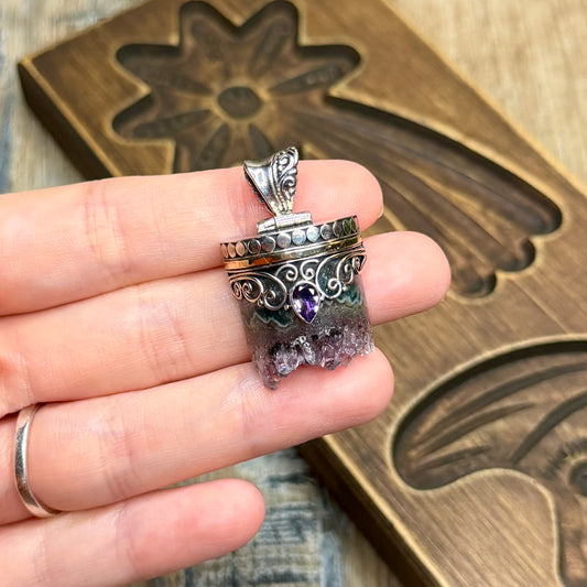 Dreamy Sterling Silver / Gold Raw Amethyst Cluster Ornate Pendant