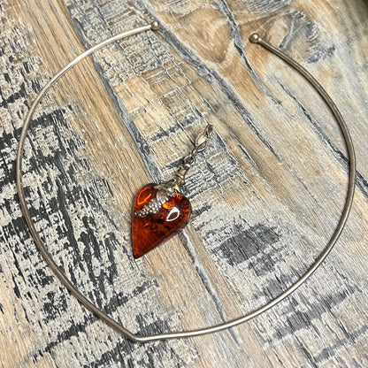 Dreamy Artisan Sterling Silver Art Nouveau Style Amber Drop V Neck Torque Collar Necklace