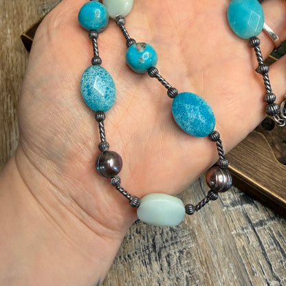 Carolyn Pollack Relios Southwestern Turquoise and Pearl Sterling Silver Strand Necklace