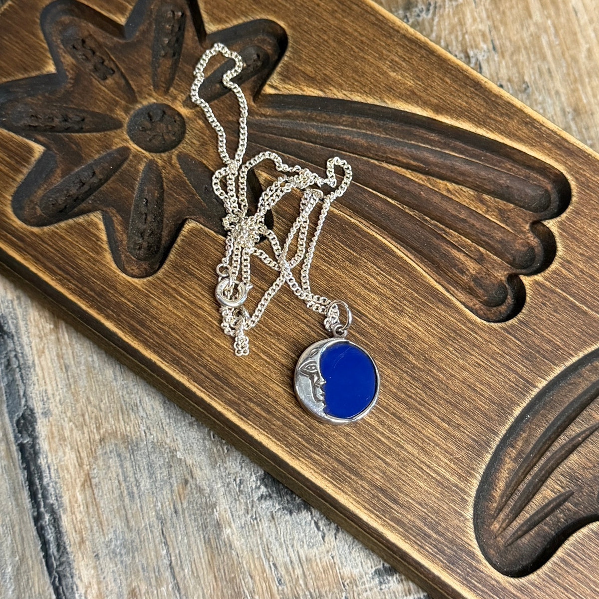 Celestial Sterling Silver Crescent Half Moon Face Pendant Necklace