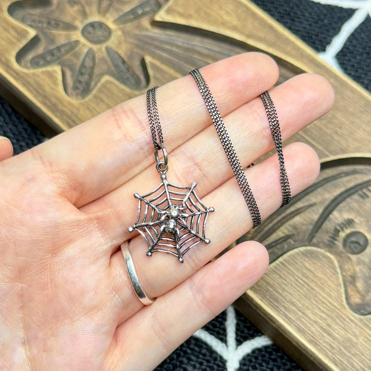 Spooky Oxidised Sterling Silver Cobweb Drop Pendant Necklace