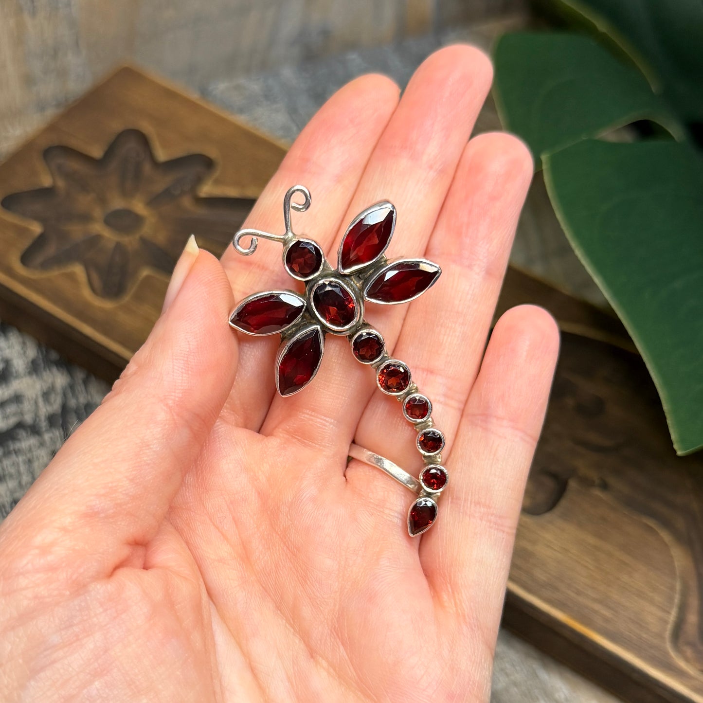 Dreamy Chunky Sterling Silver Faceted Garnet Dragonfly Pendant