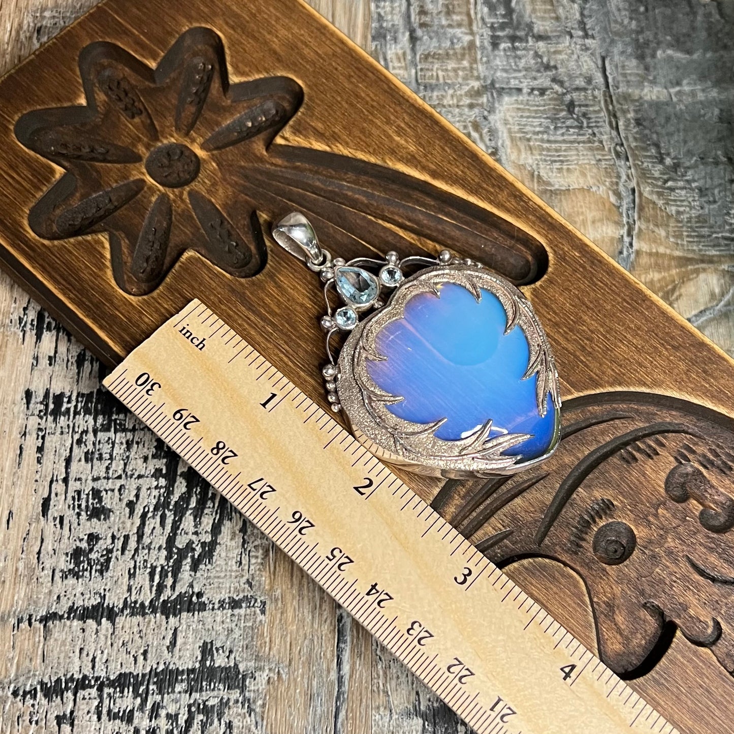 Dreamy Sterling Silver Angel Wing Opalite with Blue Topaz Pendant