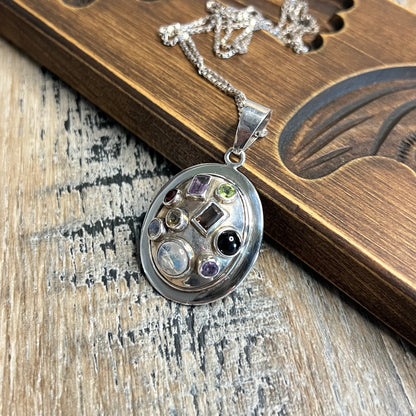 Modernist Sputnik Style Sterling Silver Chunky Multi Gemstone Pendant Necklace