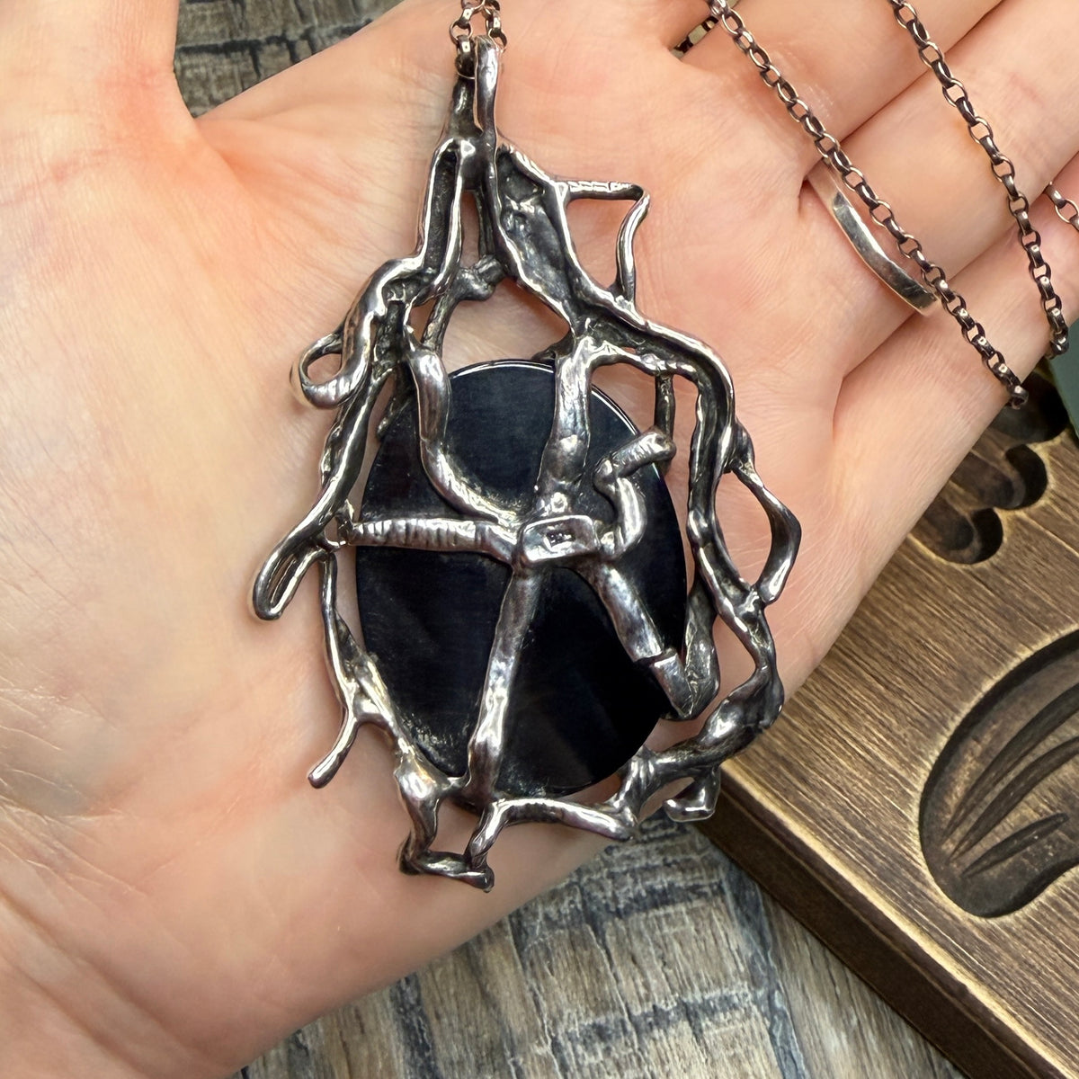 Magical Molten Sterling Silver Blue Tigers Eye Sculptural Pendant Necklace