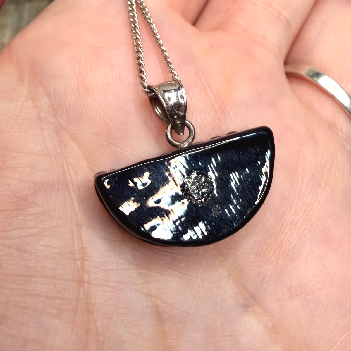 Celestial Sterling Silver Art Glass Half Moon Pendant Necklace