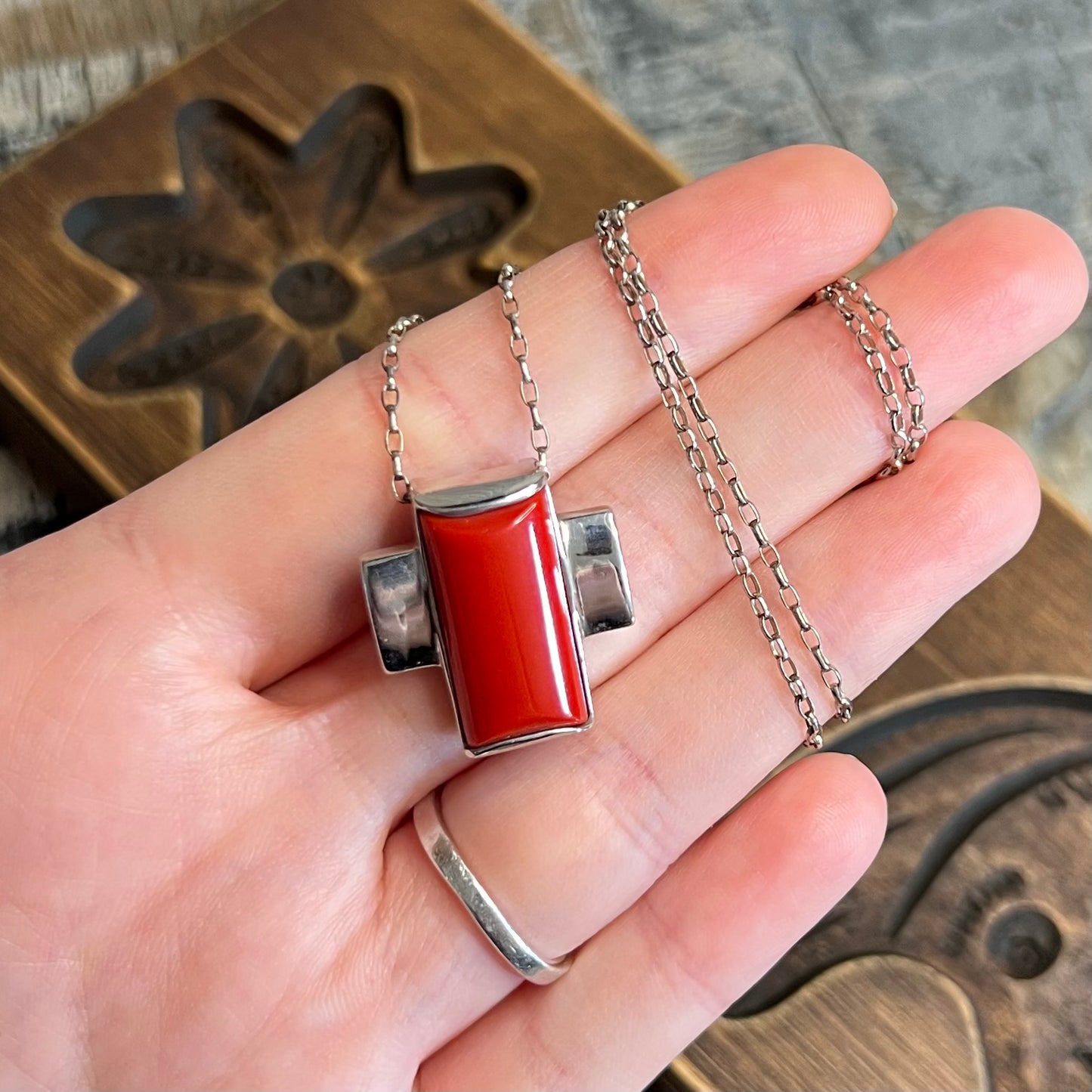 Art Deco Style Sterling Silver Red Brick Chunky Cross Pendant Necklace