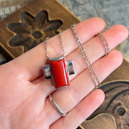 Art Deco Style Sterling Silver Red Brick Chunky Cross Pendant Necklace