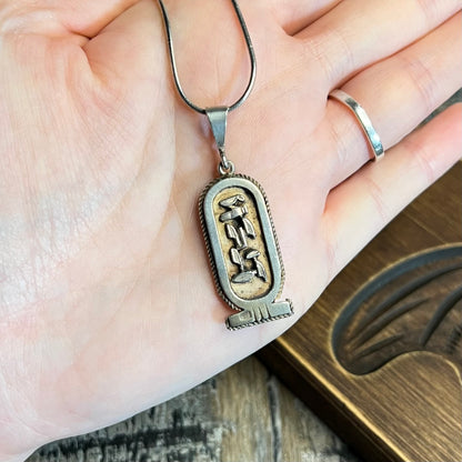 Chunky Egyptian Sterling Silver Cartouche Pendant Necklace