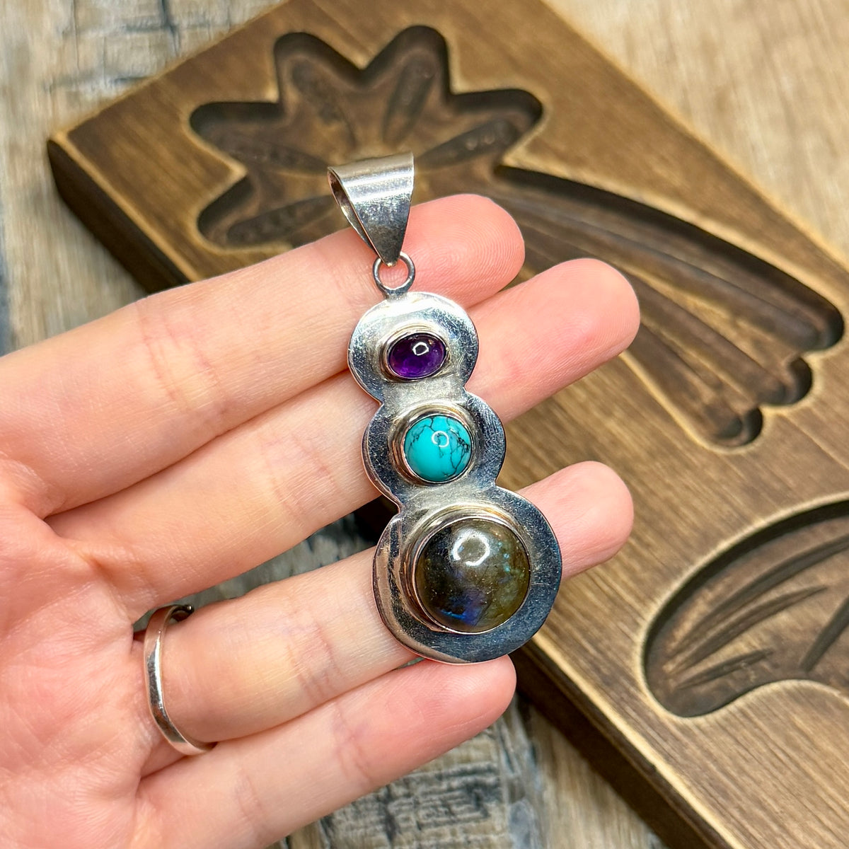 Magical Sterling Silver Labradorite Turquoise Amethyst Trio Pendant