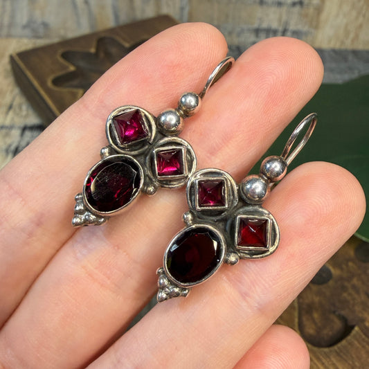 Gothic Architecture Style Sterling Silver Garnet Earrings