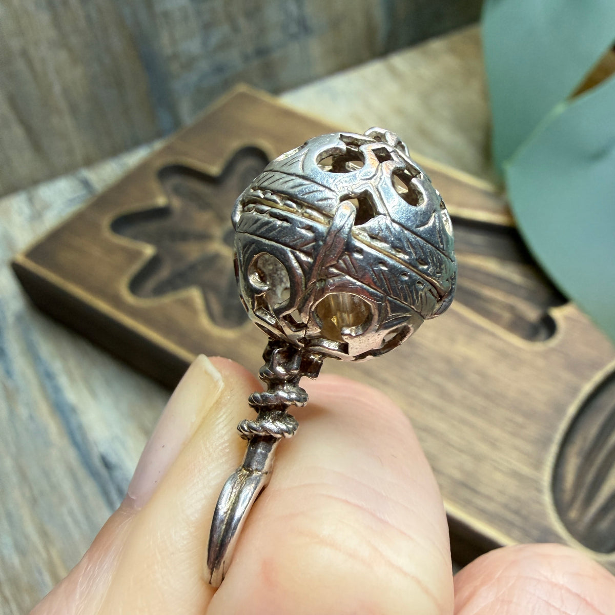 Vintage Sterling Silver Ornate Orb Rattle Pendant / Charm