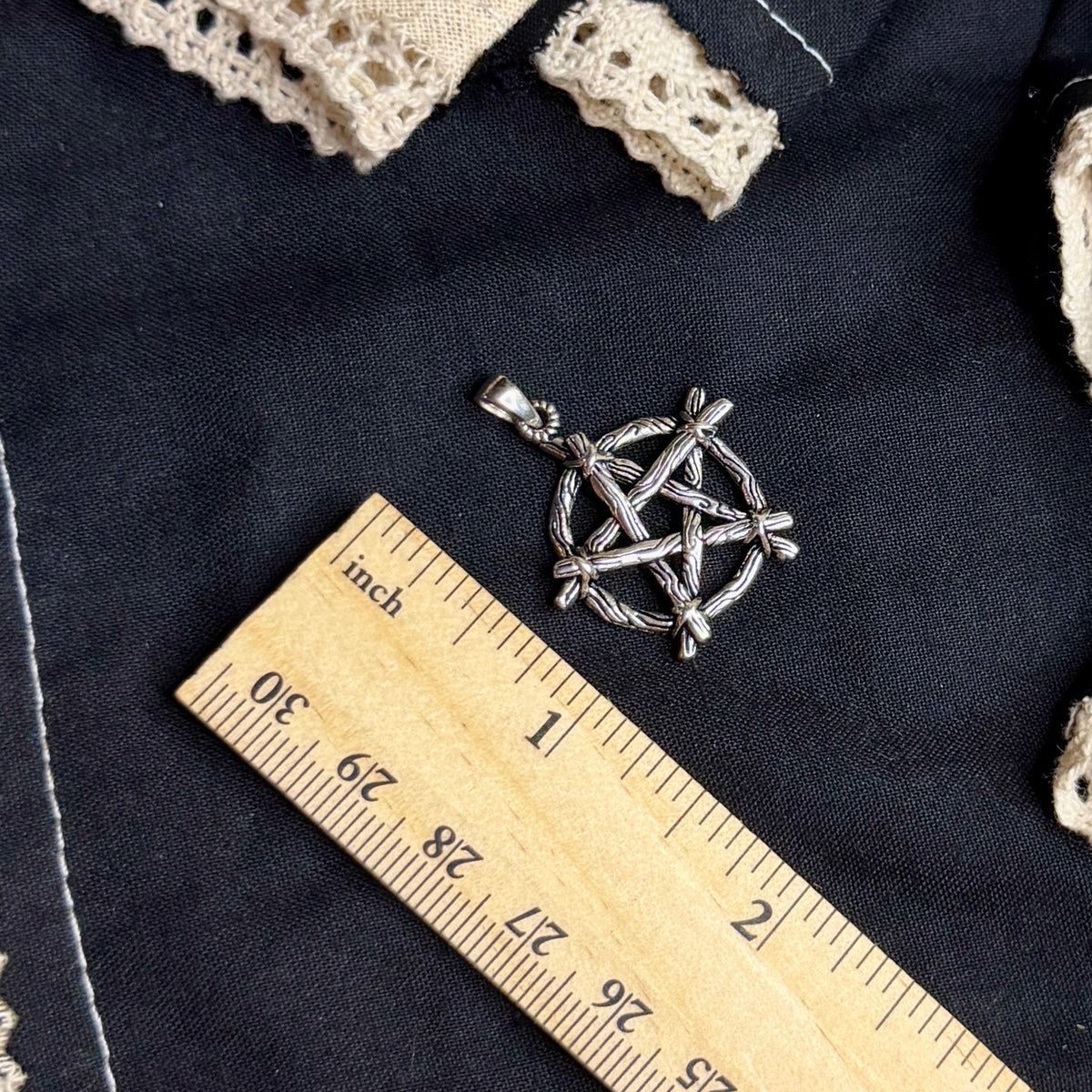 Spooky Sterling Silver Witches Broom Pentacle Pendant