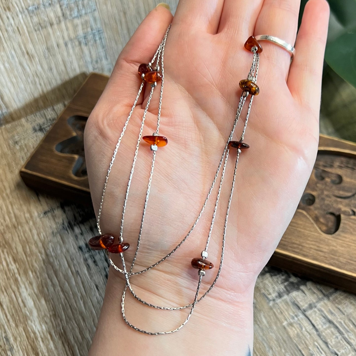 Beautiful Sterling Silver Amber Nugget Station Multi Strand Necklace