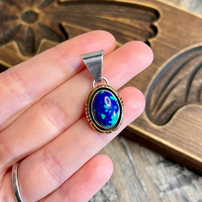 Native American Zuni Sensa Eustace Sterling Silver 12k Gold Filled Azurite Malachite Pendant