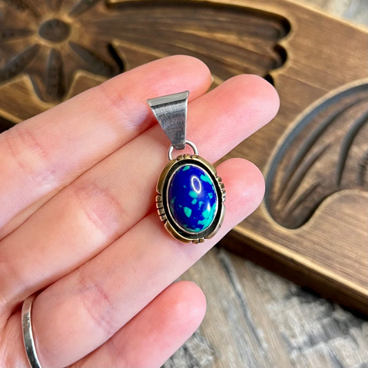 Native American Zuni Sensa Eustace Sterling Silver 12k Gold Filled Azurite Malachite Pendant