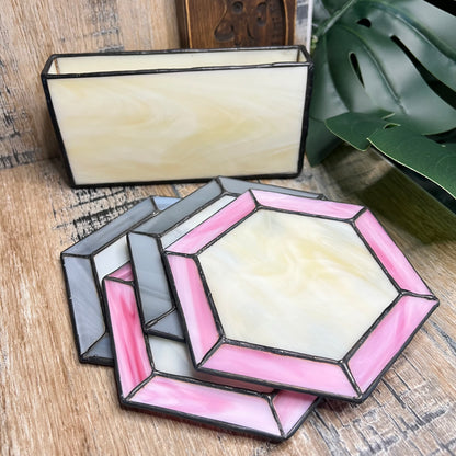 Vintage Handmade and Signed Stained Glass Hexagon Coaster Set