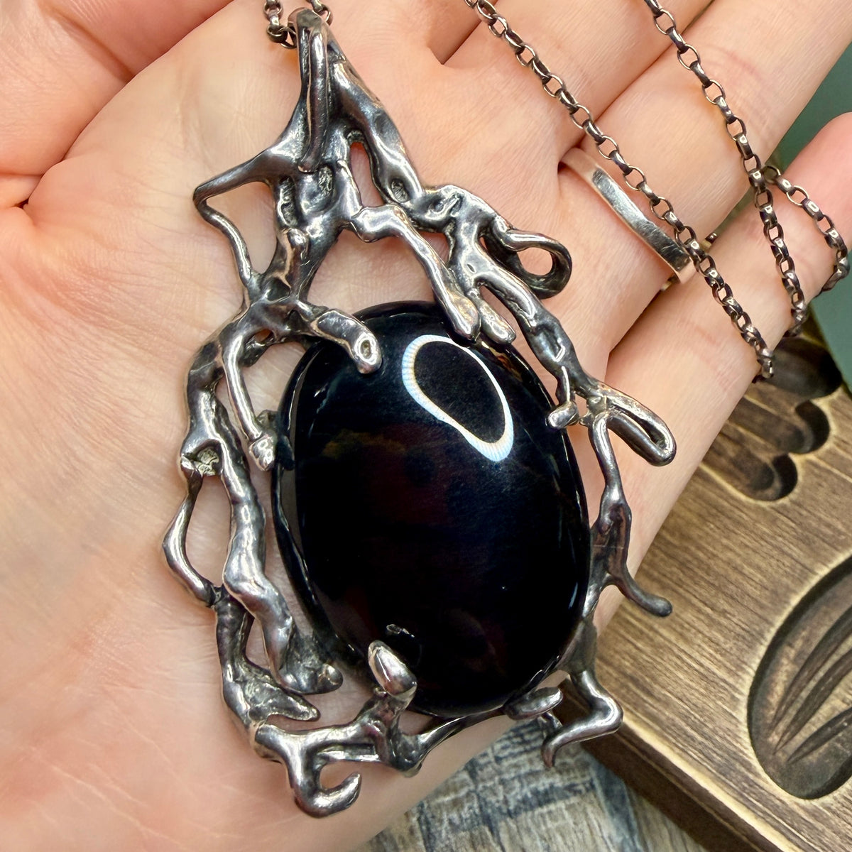 Magical Molten Sterling Silver Blue Tigers Eye Sculptural Pendant Necklace