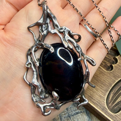 Magical Molten Sterling Silver Blue Tigers Eye Sculptural Pendant Necklace