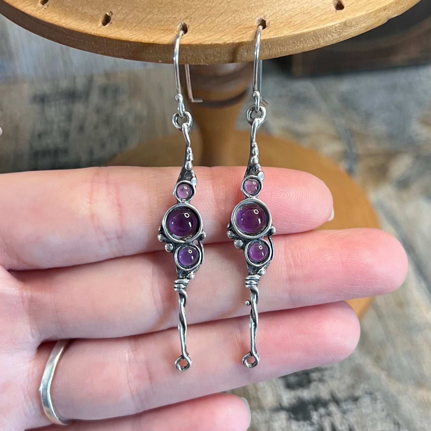 Whimsy Sterling Silver Artisan Amethyst Ornate Earrings